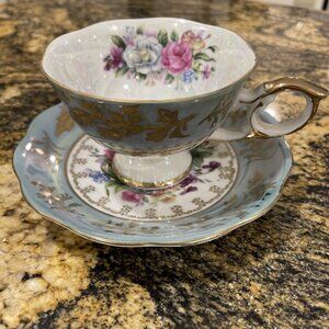 Royal Halsey L M Vintage Very Fine China Teacup & Saucer Baby Blue w/ Rose Japan